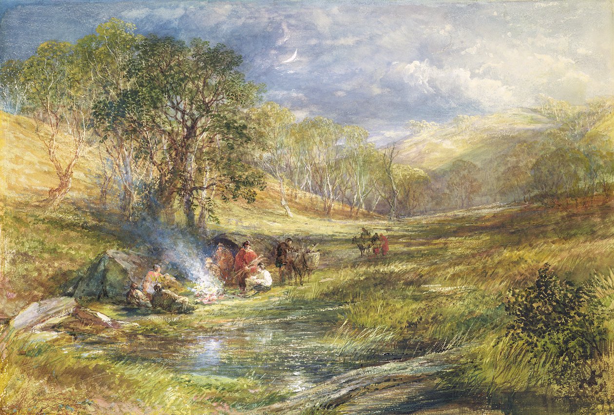 The Gypsy Dell - Moonlight (wc og kroppsfarge med innslag av gull på papir) av Samuel Palmer