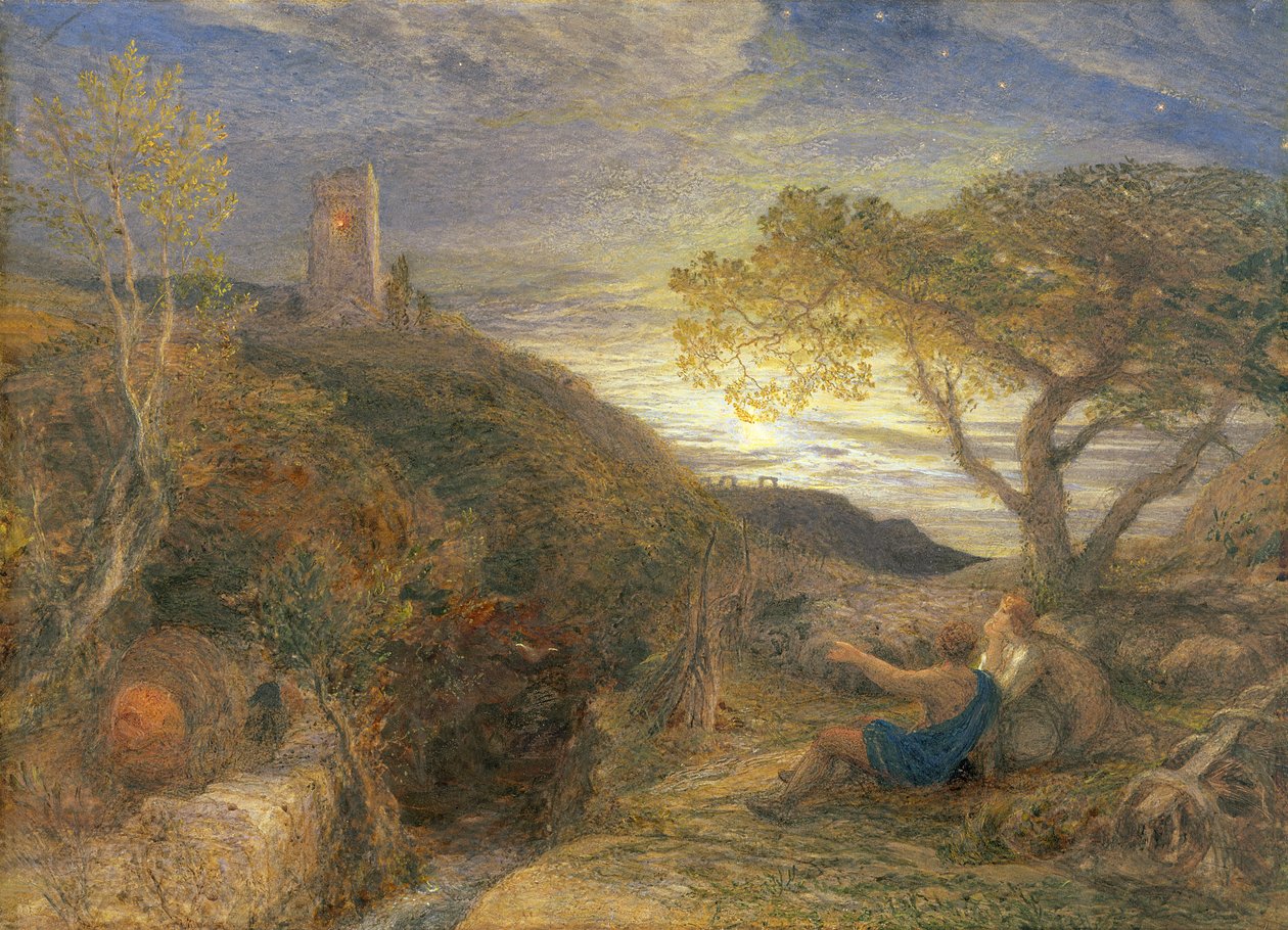 The Lonely Tower, 1868 (wc og kroppsfarge og gummi arabic på London-bord) av Samuel Palmer