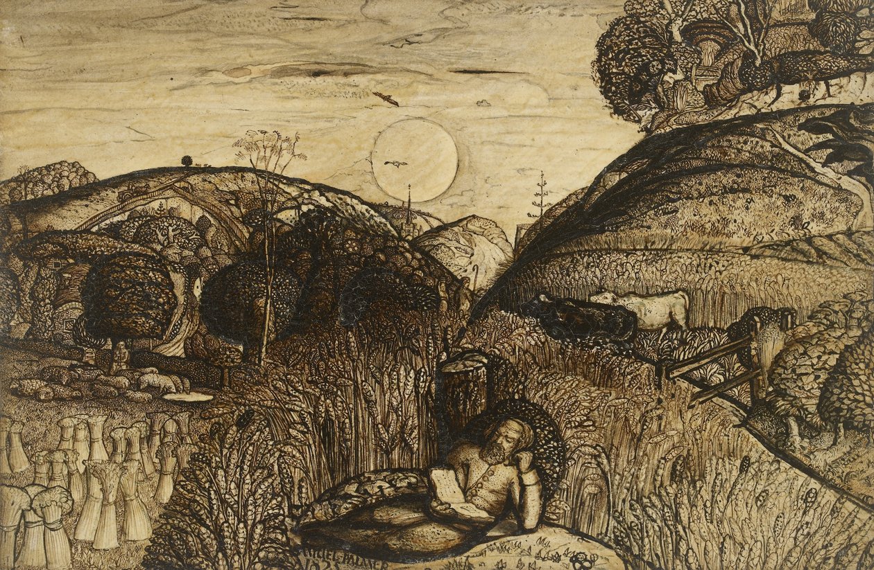 The Valley Thick with Corn, 1825 (penn og mørkebrunt blekk med pensel i sepia blandet med gummi arabicum; lakkert) av Samuel Palmer