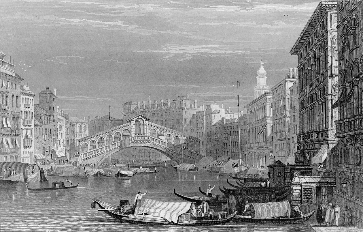 Rialtobroen, Venezia, gravert av Edward Finden, ca. 1830 av Samuel Prout
