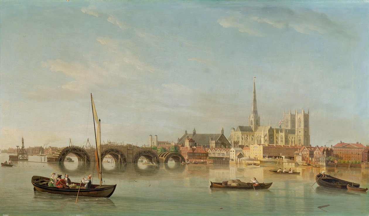 The Building of Westminster Bridge med en imaginær utsikt over Westminster Abbey, ca. 1742 av Samuel Scott