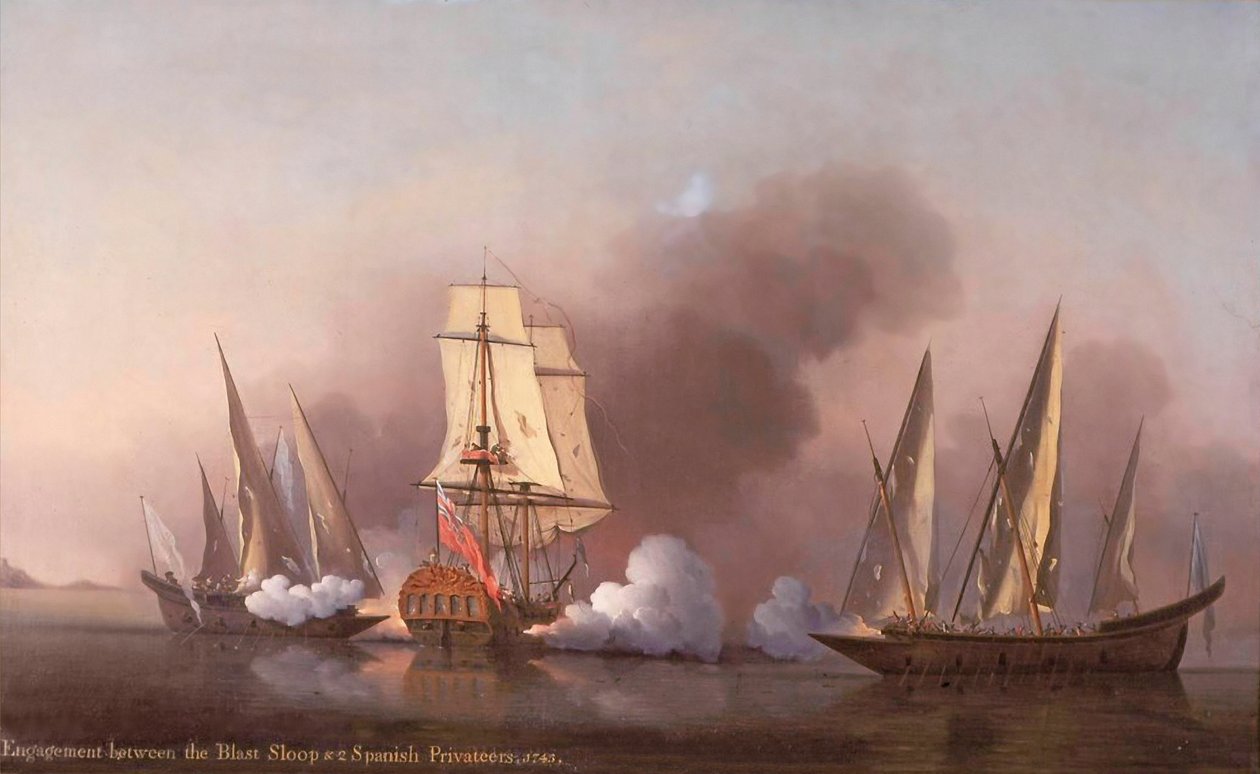 Forlovelsen mellom Blast Sloop og to spanske kapere, 1745 av Samuel Scott