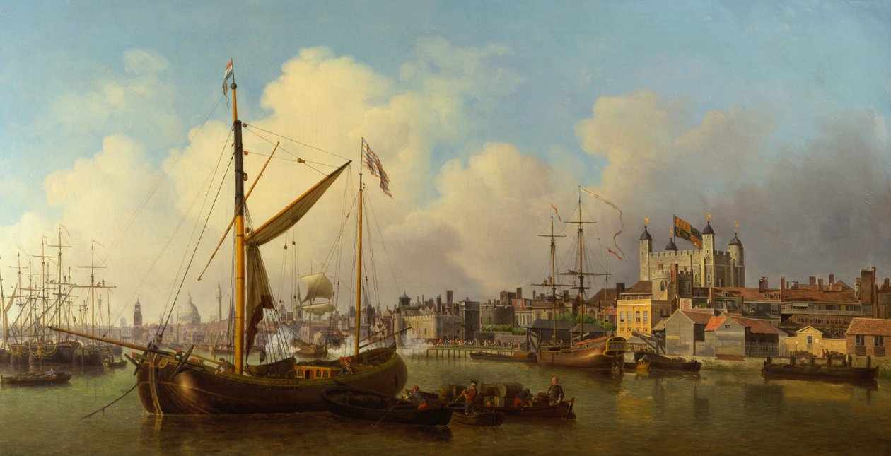 Themsen og Tower of London Antagelig på kongebursdagen av Samuel Scott