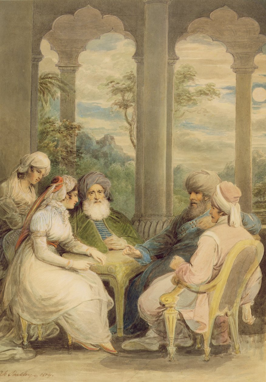 Prins Rasselas og søsteren hans samtaler i sommerpalasset deres ved bredden av Nilen, 1804 (wc med kritt over grafitt på papir) av Samuel Shelley