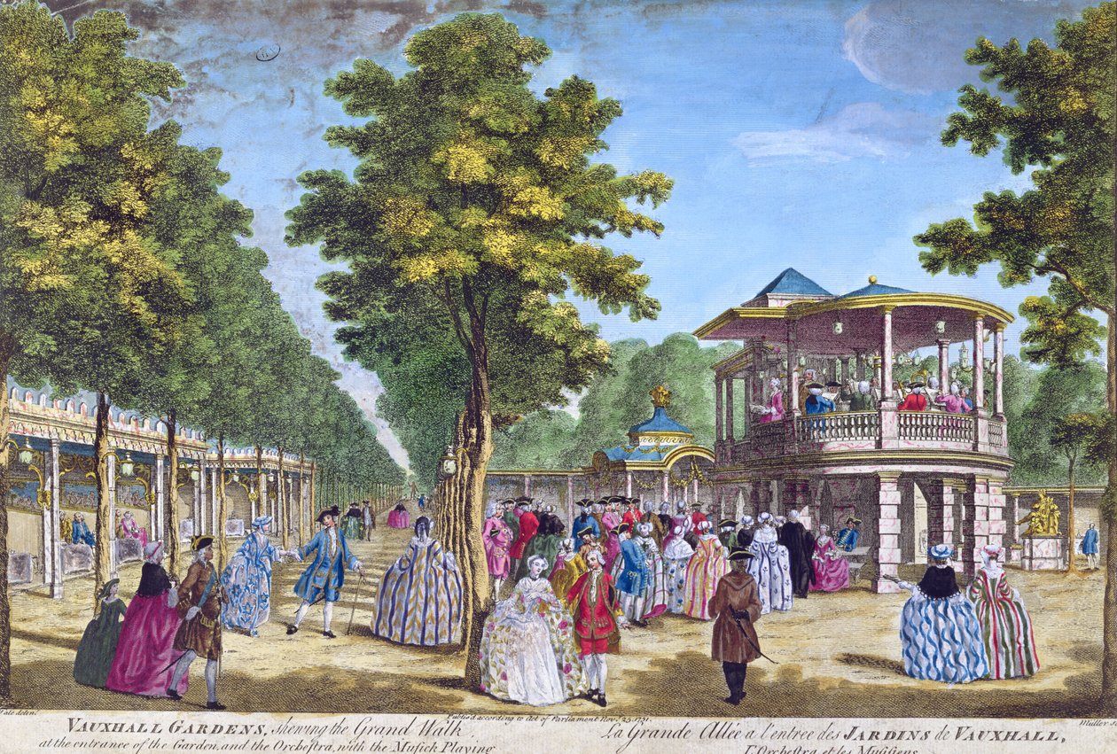 Utsikt over Grand Walk ved inngangen til Vauxhall Pleasure Gardens med orkesteret som spiller, gravert av Muller av Samuel Wale