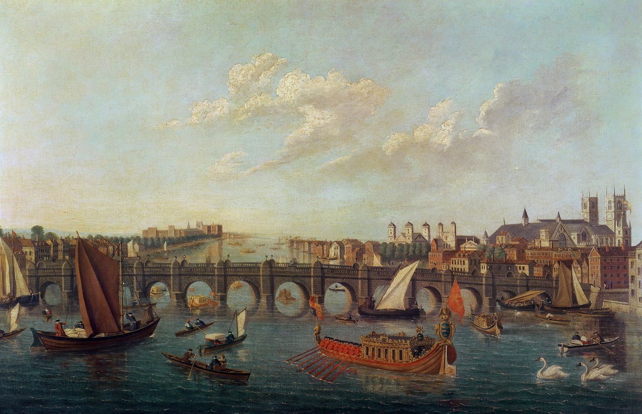 Westminster Bridge, med Westminster Abbey og Lambeth Palace på hver side av Samuel after Scott