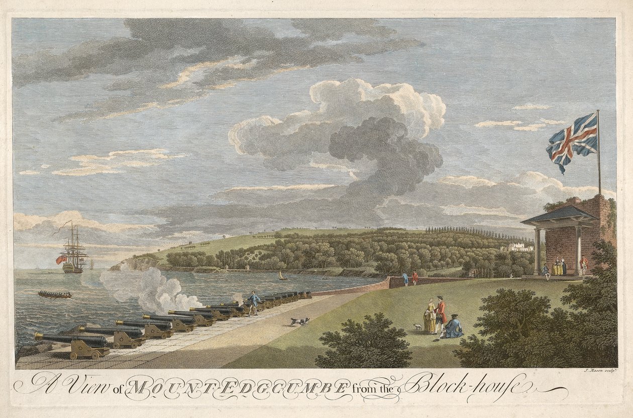 En utsikt over Mount Edgcumbe fra Block House, pub. 1755 (håndfarget gravering) av Samuel after and Lambert Scott