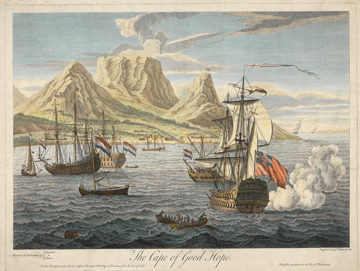Kapp det gode håp, pub. C. 1731 (håndfarget gravering) av Samuel after and Lambert Scott