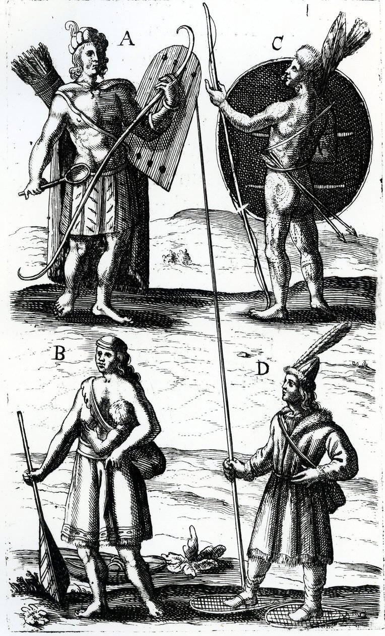 Illustrasjoner av Algonquin-kjole, gravering fra Voyages of Sieur de Champlain av Samuel de Champlain (ca 1574-1635), 1600-tallet av Samuel de Champlain