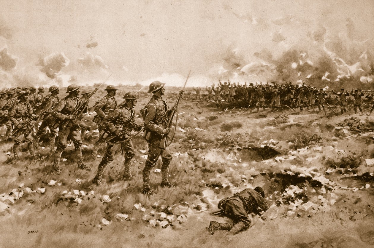 Deres siste håp: Demoraliserte tyske soldater ber om nåde fra de fremrykkende britiske troppene (litho) av Samuel (after) Begg