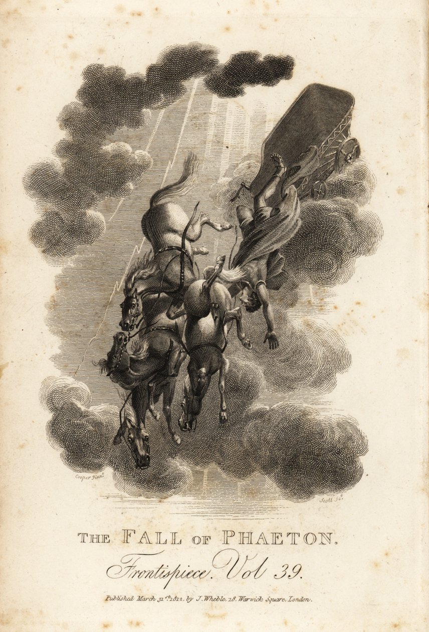 Allegorisk illustrasjon av Phaethon, sønn av Helios og Oceanid Clymene, som falt ut av himmelen mens han kjørte solvognen av Samuel (after) Cooper