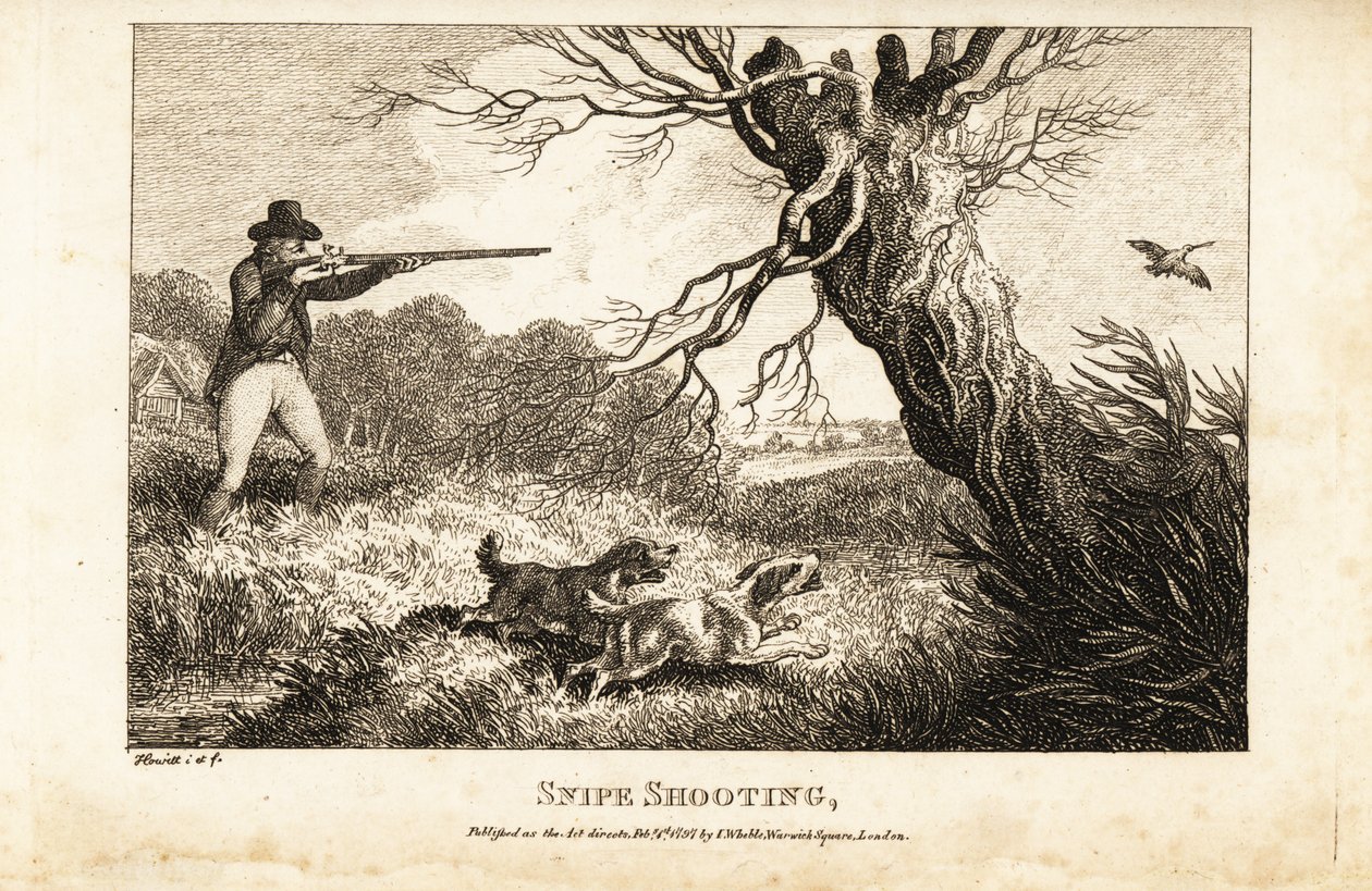 Jeger med muskett og spaniels på jakt etter snipe nær en elv av Samuel (after) Howitt