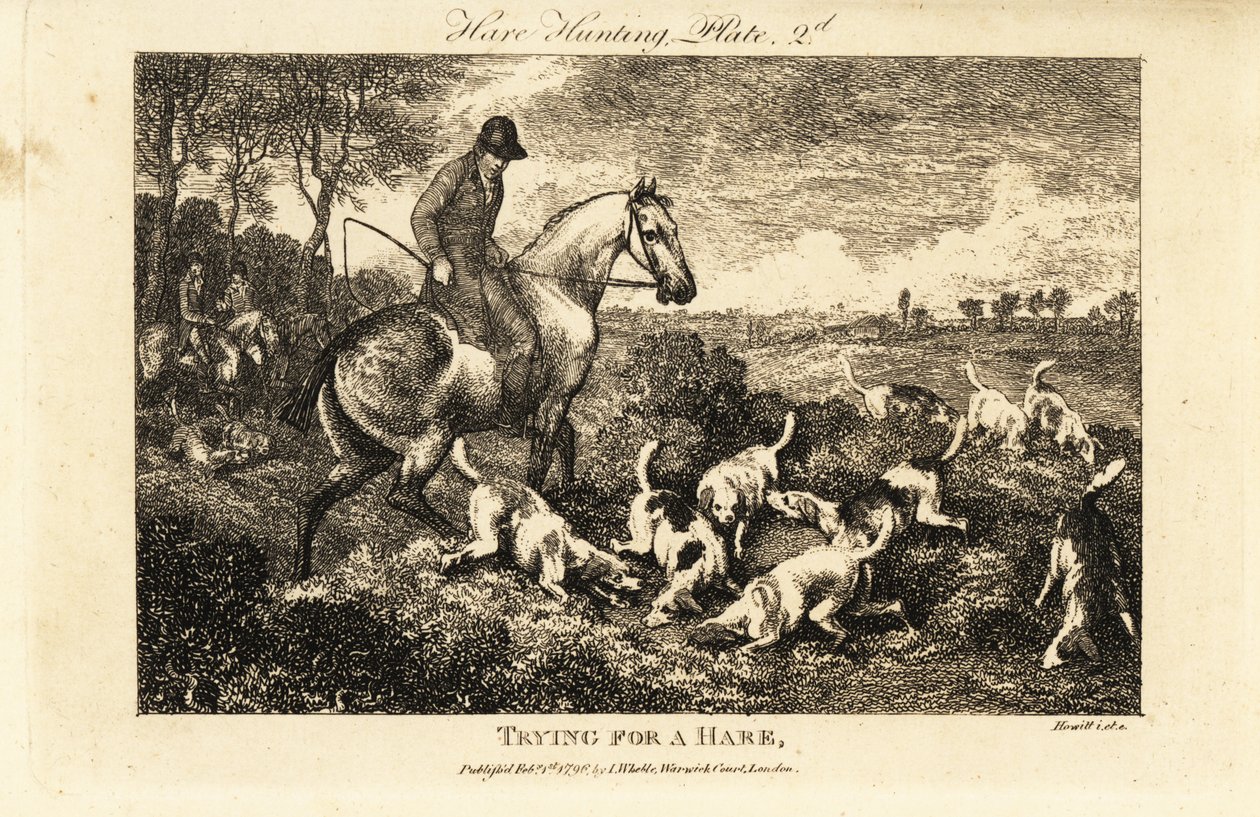 Ridende jeger ser på en flokk med hunder som graver etter harer av Samuel (after) Howitt