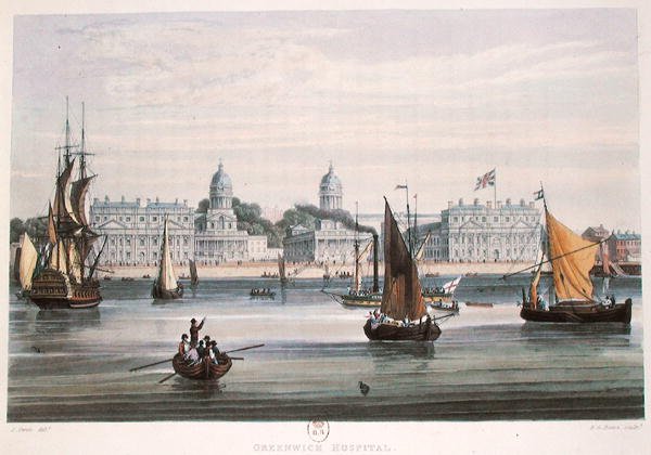 Greenwich Hospital, gravert av R.G. Reeve (fl.1811-37) 1828 (farget gravering) av Samuel (after) Owen
