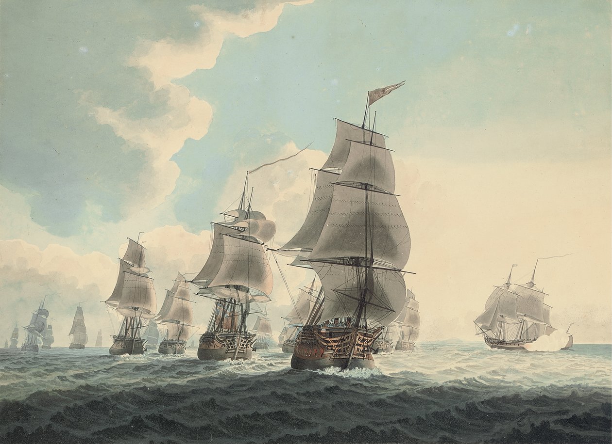 En skvadron fra Royal Navy som løper nedover kanalen (blyant, penn, svart blekk og akvarell på papir) av Samuel (attr. to) Atkins