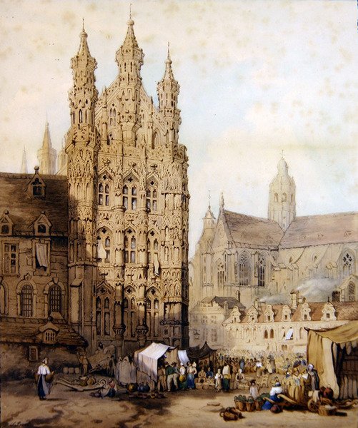 Rådhuset og katedralen i Leuven i Belgia, ca. 1840 (akvarell på papir) av Samuel (circle of) Prout