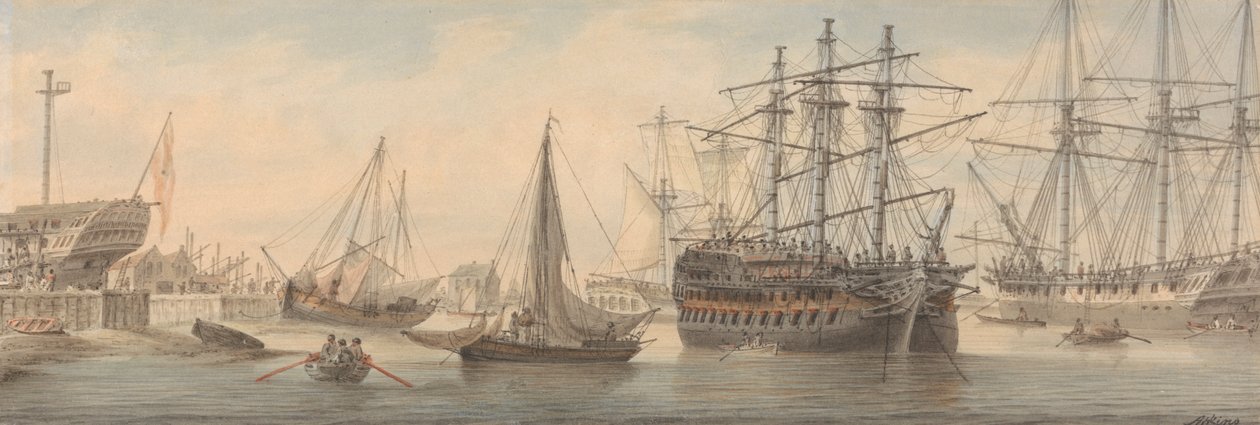 Men-of-War og annen frakt på Themsen (mest sannsynlig ved Deptford) av Samuel Atkins