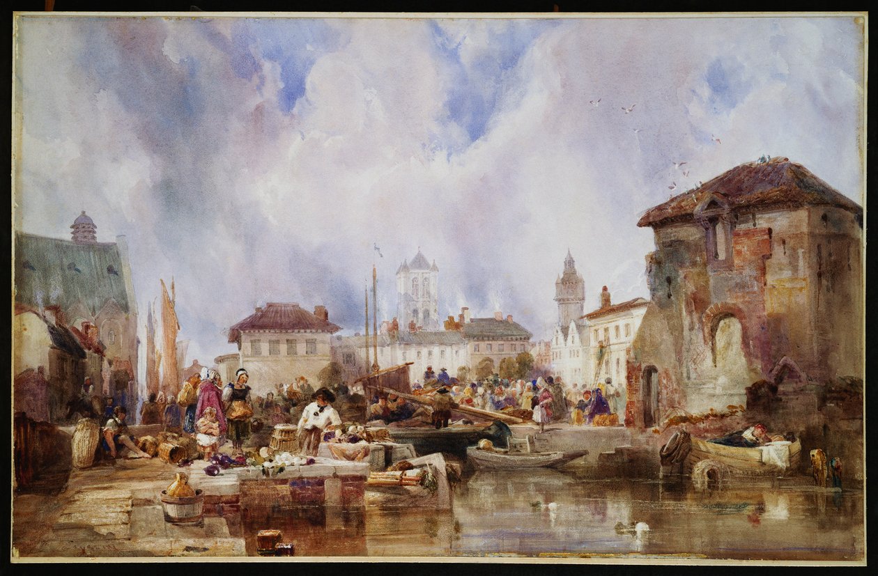 Markedet på kaien, Brugge av Samuel Austin