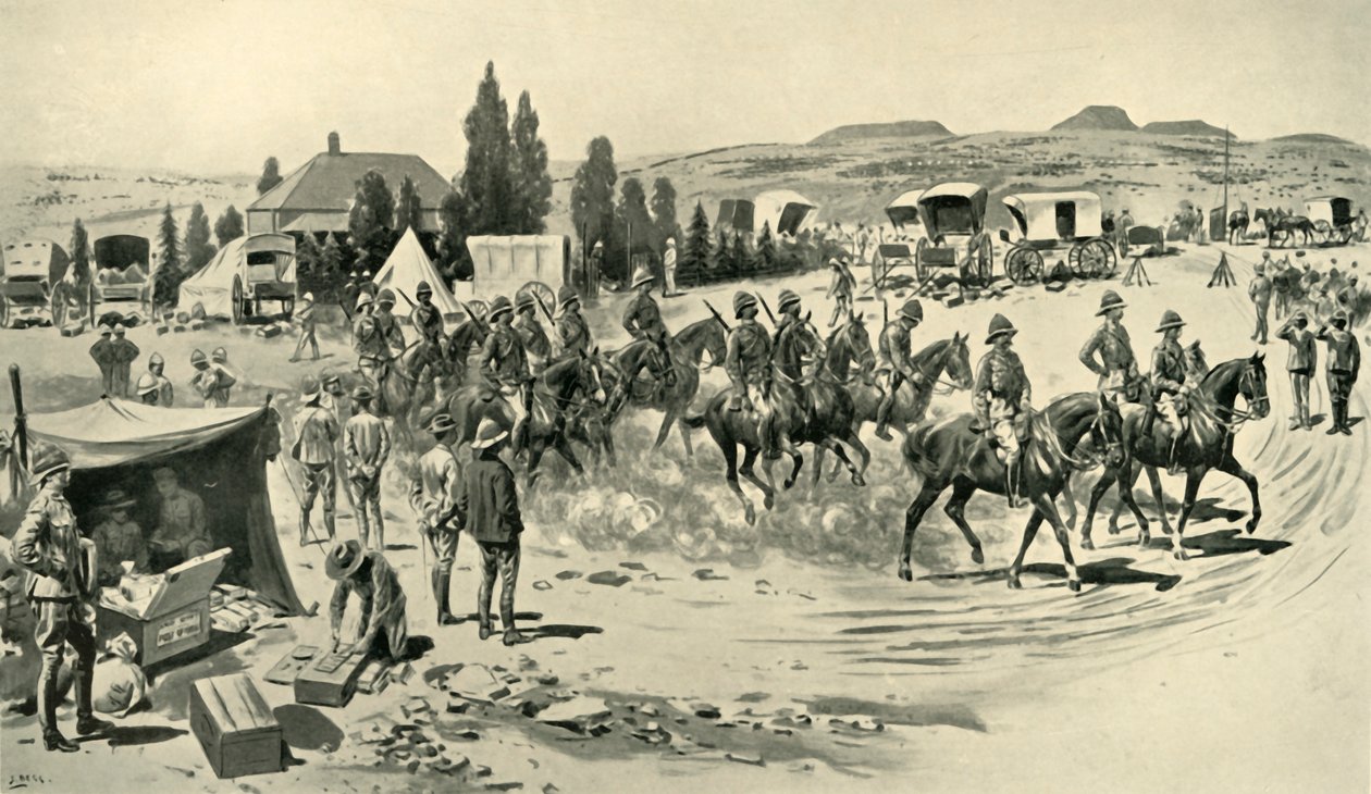Lord Roberts og stab starter for en rekognosering fra hovedkvarteret i Smaldeel, 1901. av Samuel Begg