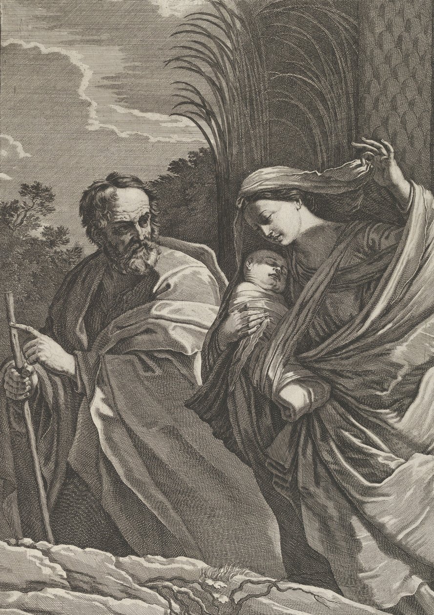Flukten til Egypt, jomfruen som bærer spedbarnet Kristus, Josef peker på..., ca. 1635-57. av Samuel Bernard