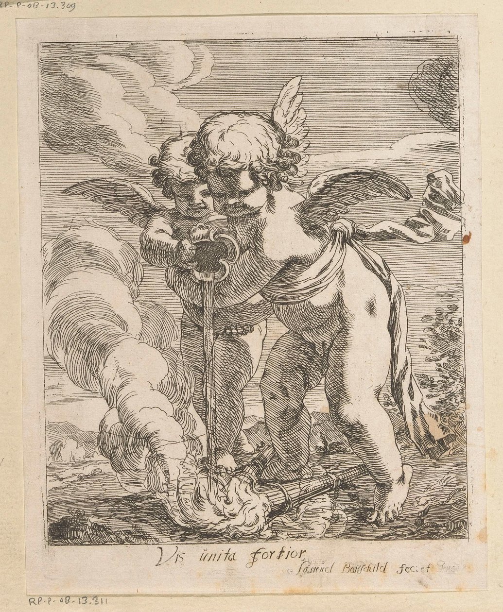 To putti slokkelykter Vis unita fortior (tittel på objekt) Ulike design (serietittel) Opera Varia Historica, Poetica & Iconologica (serietittel) av Samuel Bottschild