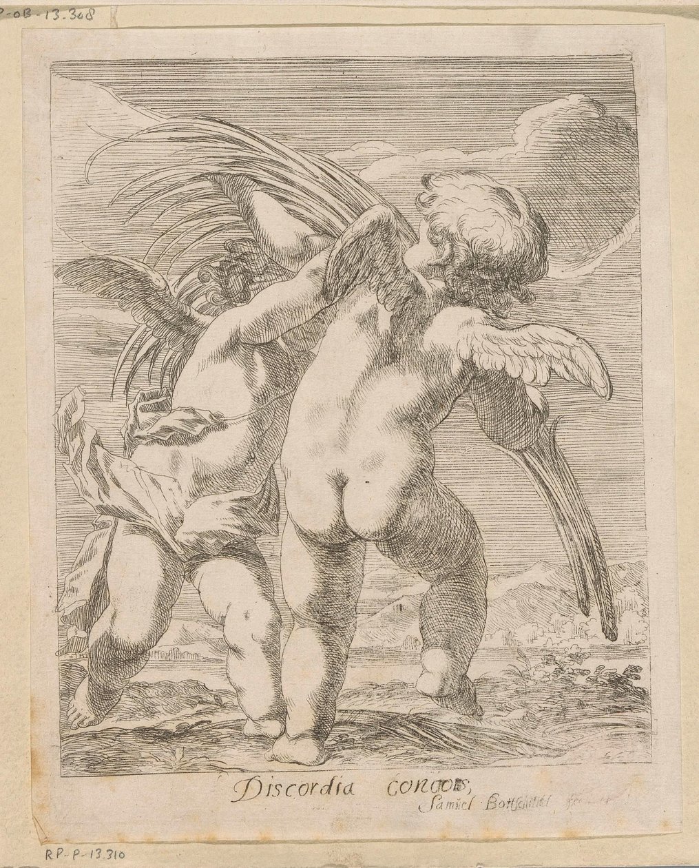 To putti krangler om en palmegren Discordia Concors (tittel på objekt) Ulike design (serietittel) Opera Varia Historica, Poetica & Iconologica (serietittel) av Samuel Bottschild