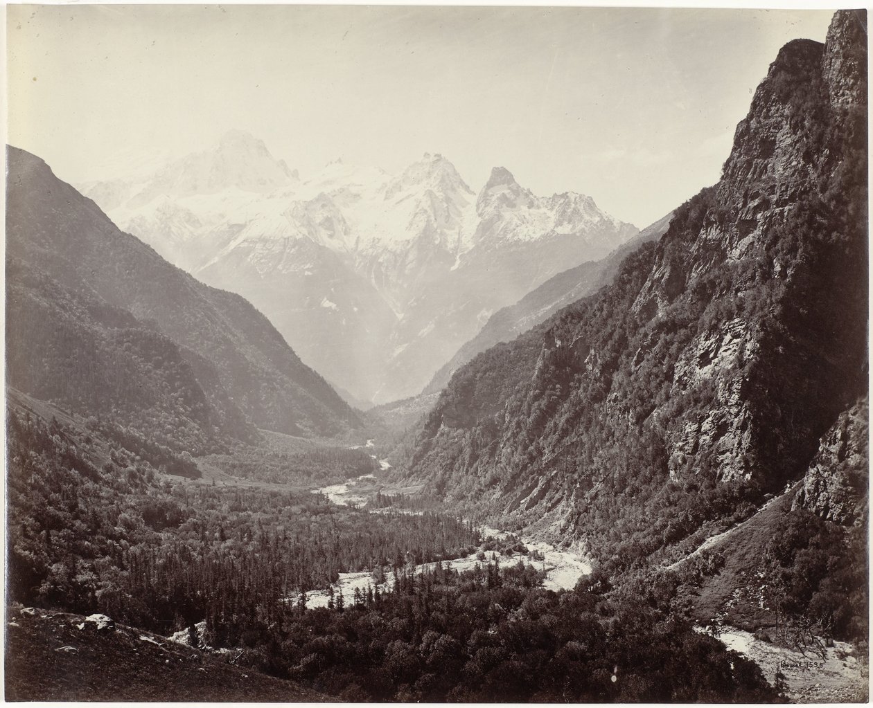 Utsikt over en dal og toppene i Srikanta, India Wooded Valley fra Fulaldaru, med Srikanta-toppene i det fjerne (originaltittel) av Samuel Bourne (signed by artist)