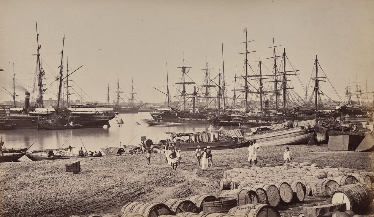 Calcutta. Tollhusets landingsplass. Skipstrafikk på Hugli-elven av Samuel Bourne