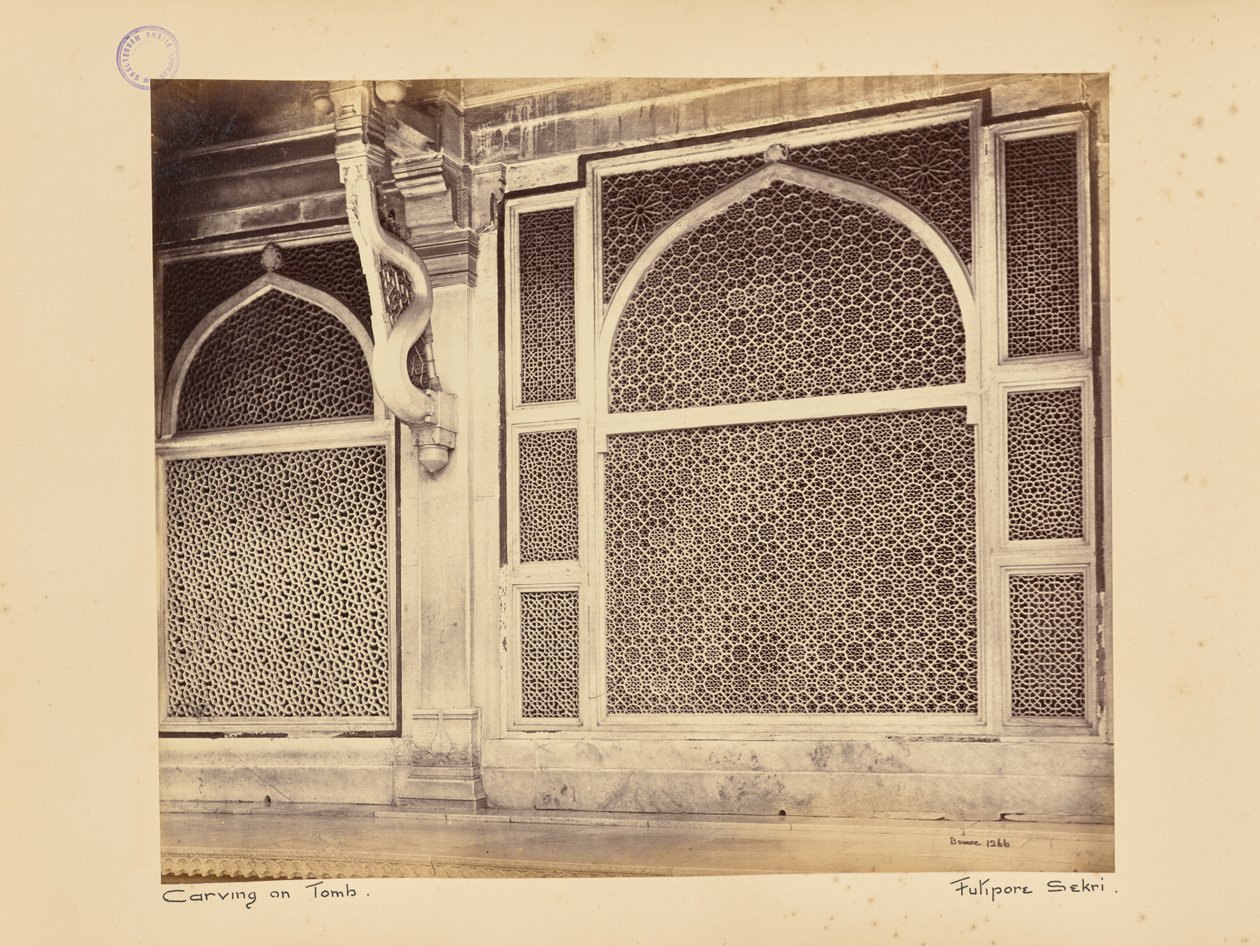 Fatehpur Sikri; to av marmorskjermene i Sheik Selim Chishtis grav av Samuel Bourne