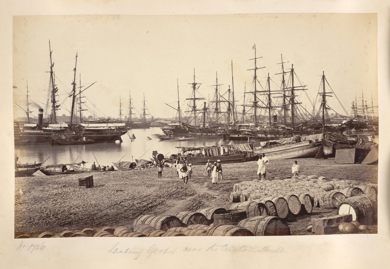 Lander varer nær Custom House, Calcutta av Samuel Bourne