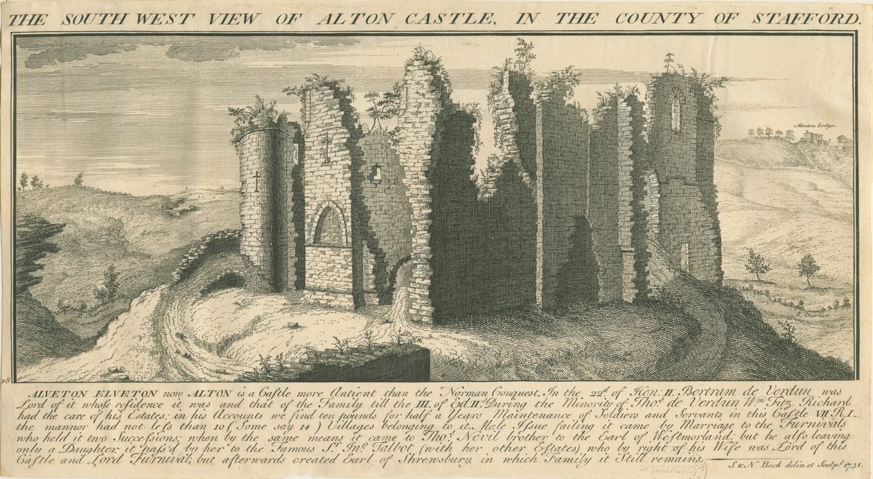 Alton Castle: gravering, 1731 av Samuel Buck