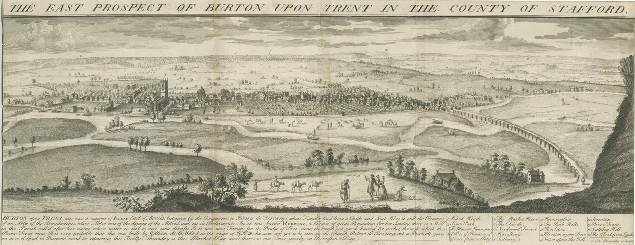 Burton-upon-Trent Bridge and Town: gravering, nd [1696-1779] (trykk) av Samuel Buck