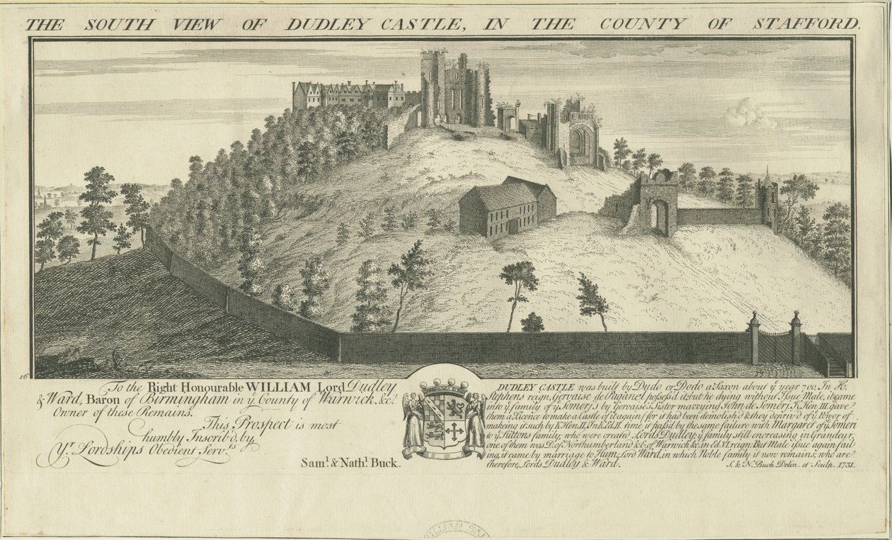 Dudley Castle: gravering, 1731 av Samuel Buck