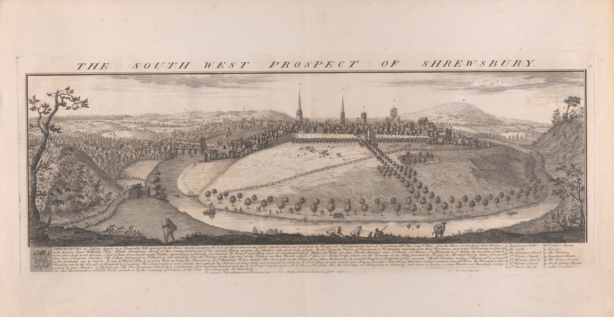 South West Prospect of Shrewsbury, Shropshire av Samuel Buck