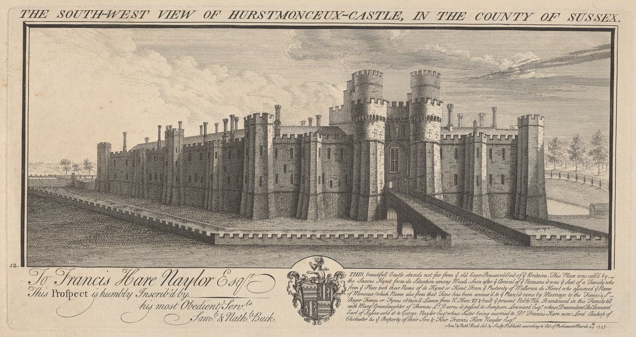 Den sørvestlige utsikten over Hertsmonceux Castle i fylket Sussex av Samuel Buck