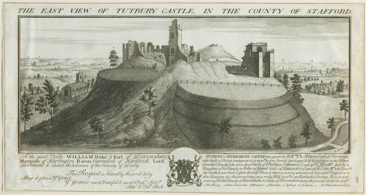 Tutbury Castle - East View: gravering av Samuel Buck