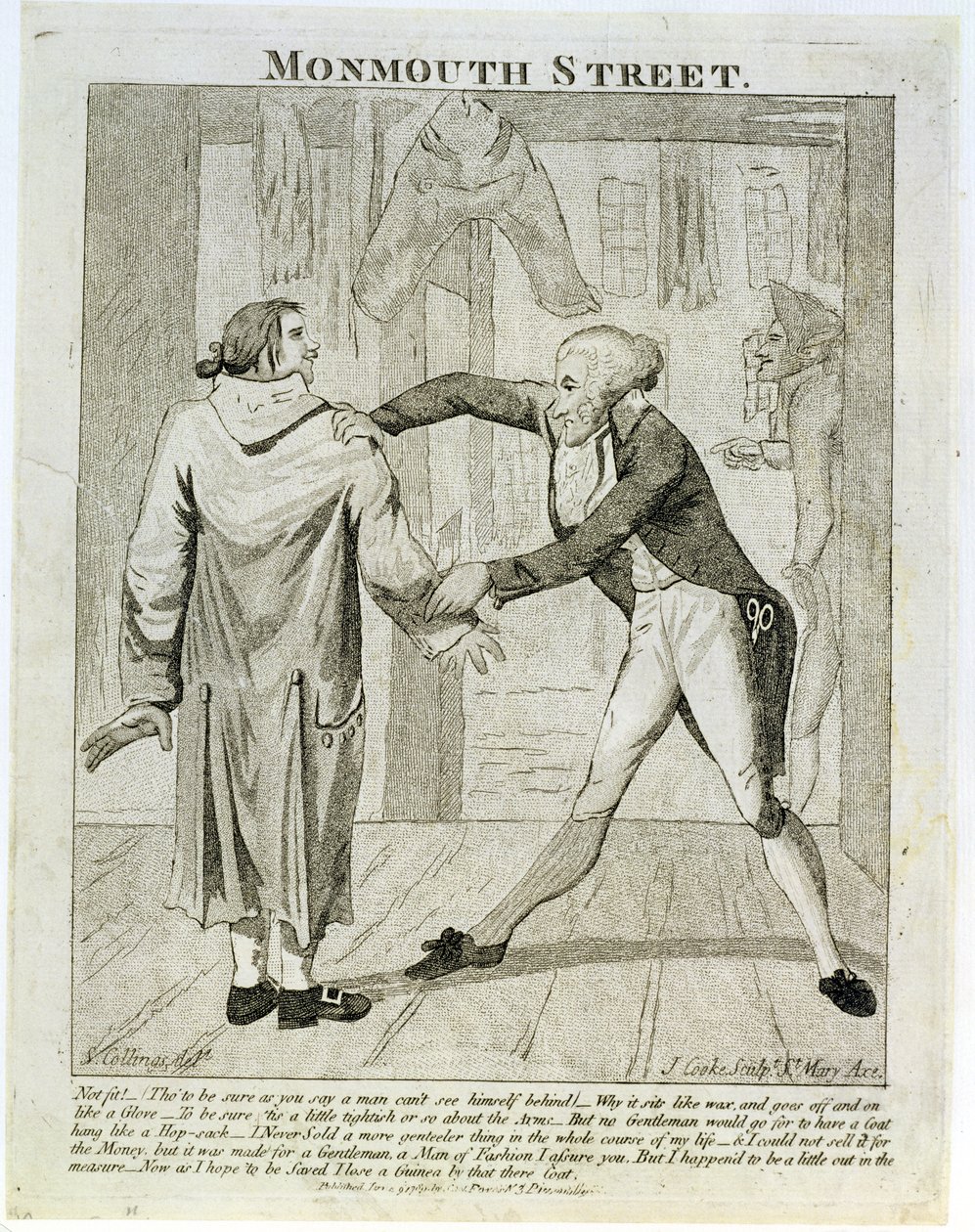 Monmouth Street, en karikatur av en selger av gamle klær, gravert av J. Cooke, 1789 av Samuel Collings