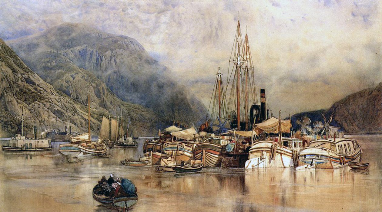 Frakt på Hudson River (akvarell på papir) av Samuel Colman