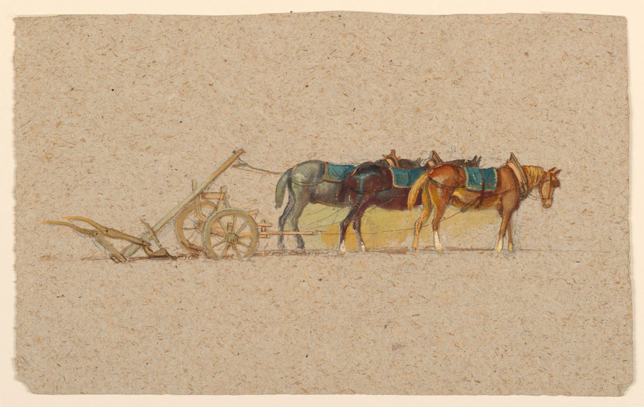 Studie av tre hester med en plog, Frankrike av Samuel Colman