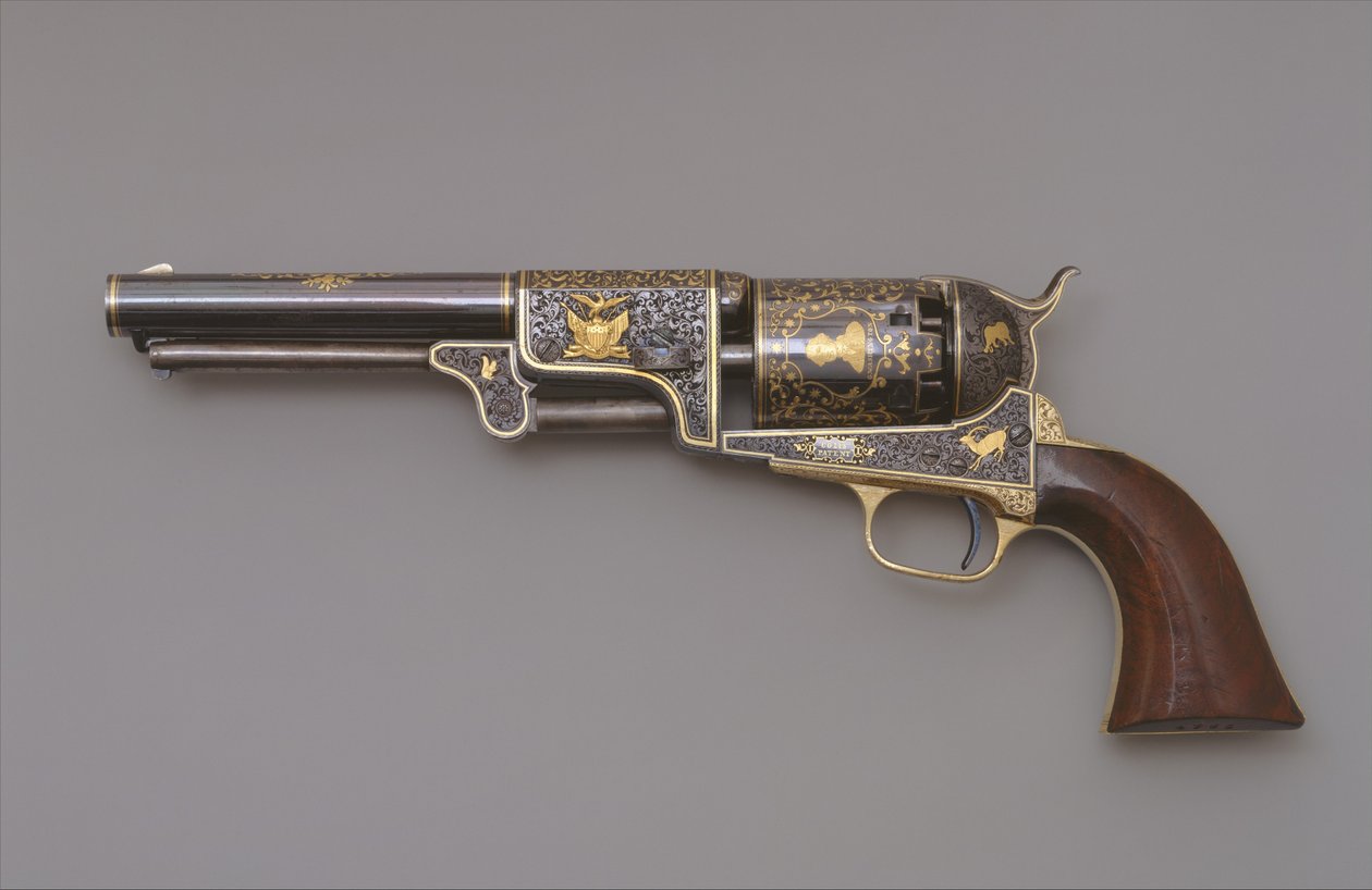Colt Third Model Dragoon Percussion Revolver, ca. 1853 (stål, messing, gull og valnøtttre) av Samuel Colt