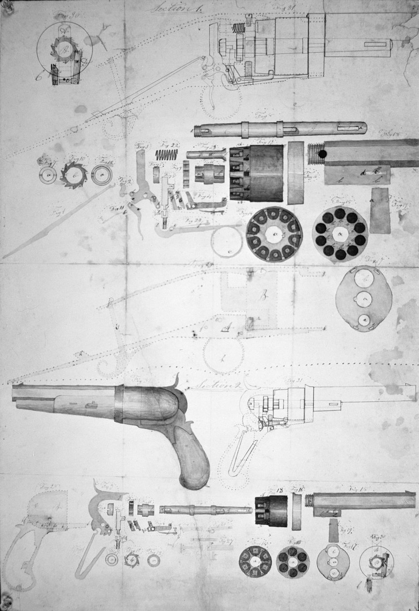 Originale planer for en ti-kammer revolver som senere ble seks-kammeret patentert i 1836, ca. 1830 (penn og blekk på papir) av Samuel Colt