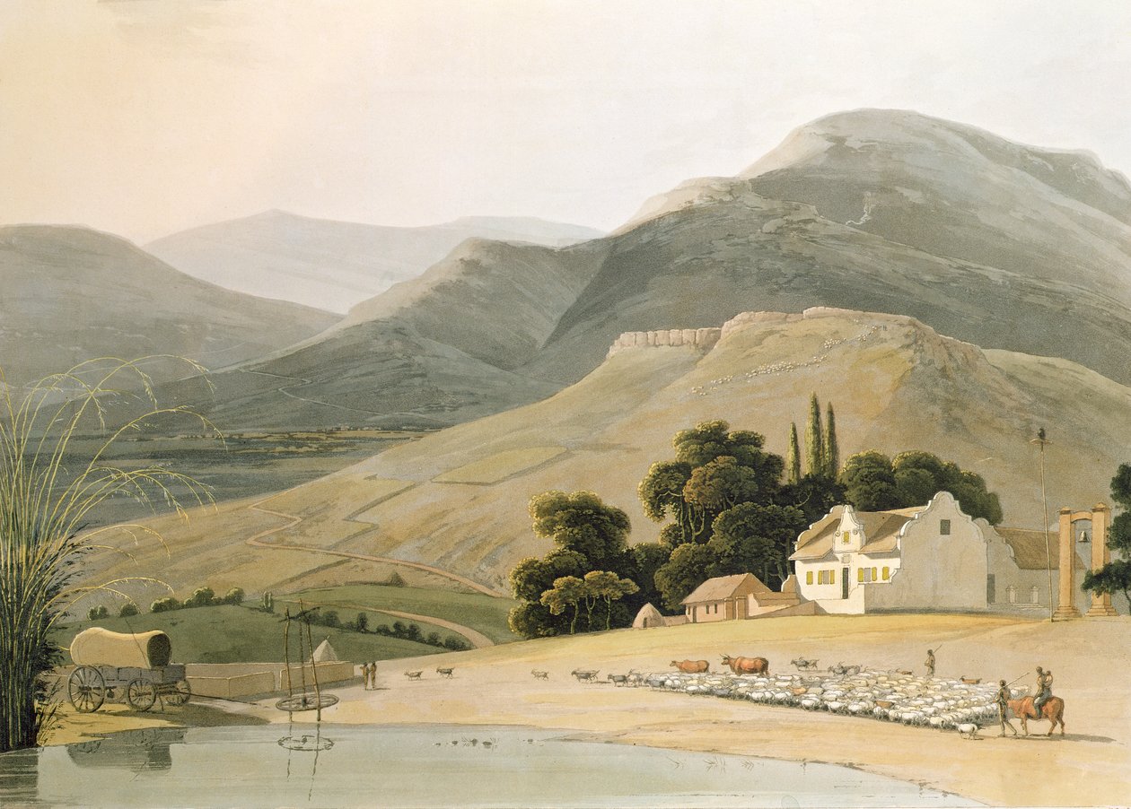 A Boor's House, plate 16 fra 'African Scenery and Animals', gravert av kunstneren, 1805 (akvatint) av Samuel Daniell