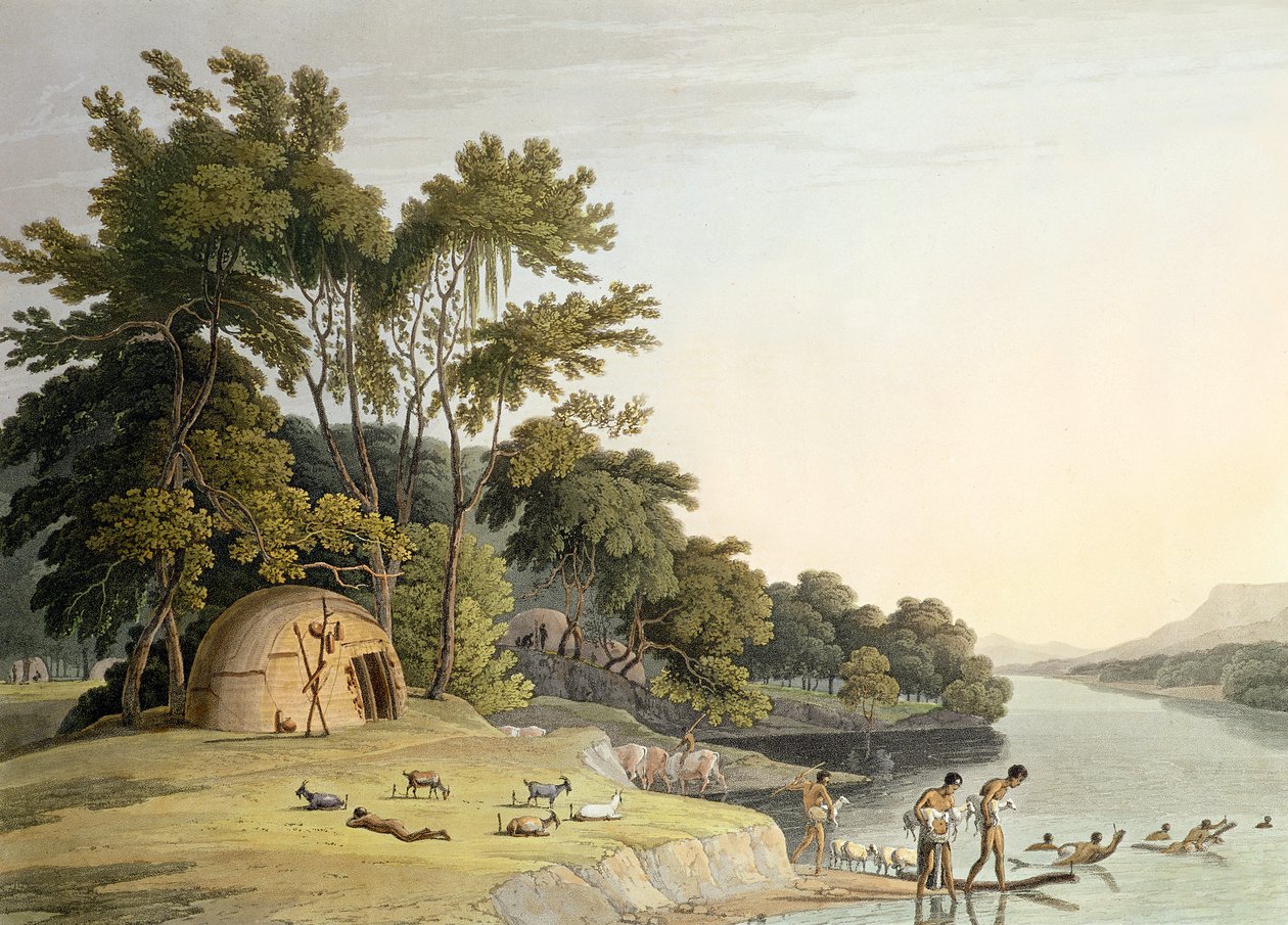 En Korah Hottentot-landsby på venstre bredd av Orange River, plate 1 fra 