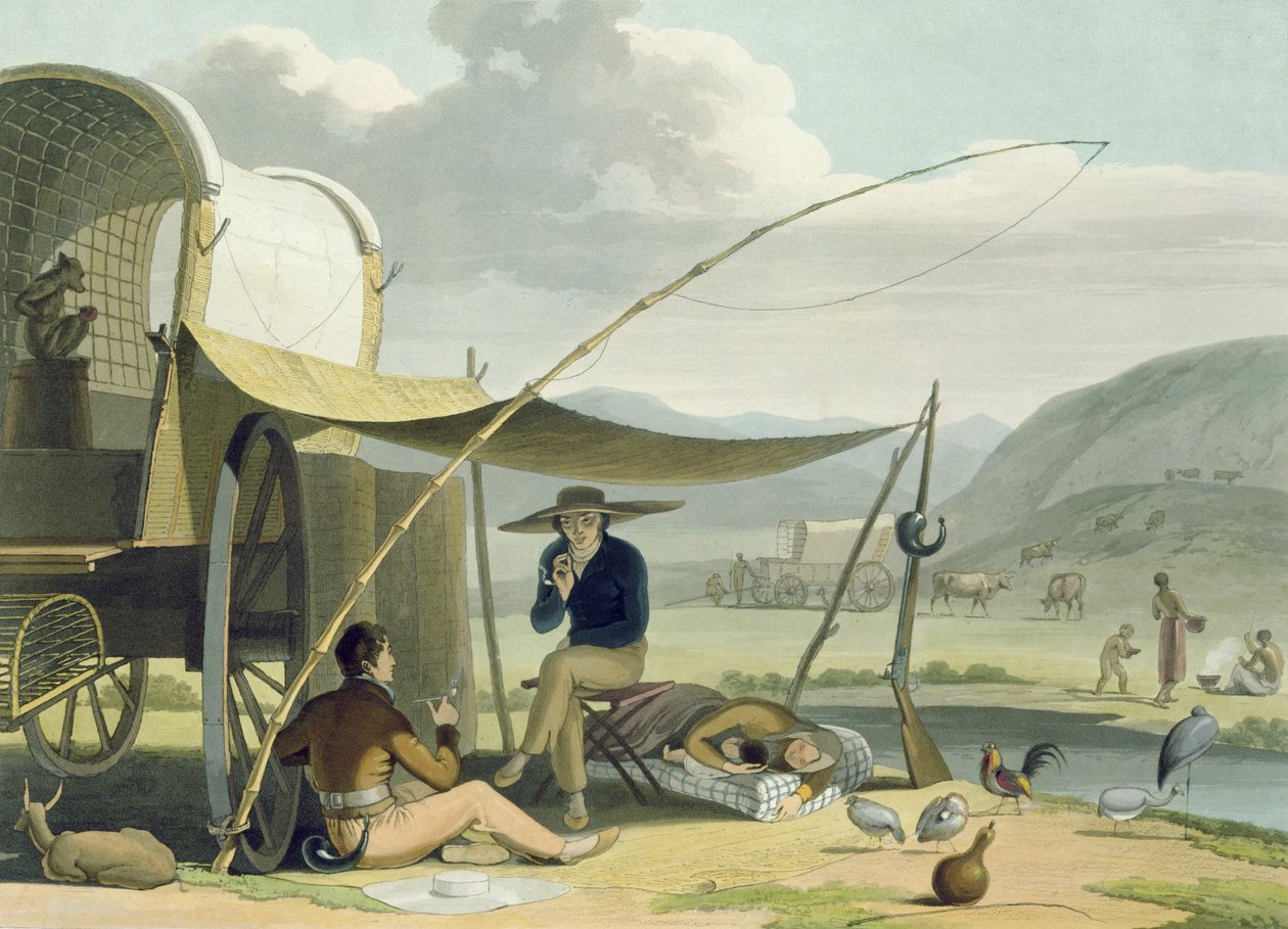 Halt of a Boor's Family, plate 17 fra 'African Scenery and Animals', gravert av kunstneren, 1805 (akvatint) av Samuel Daniell