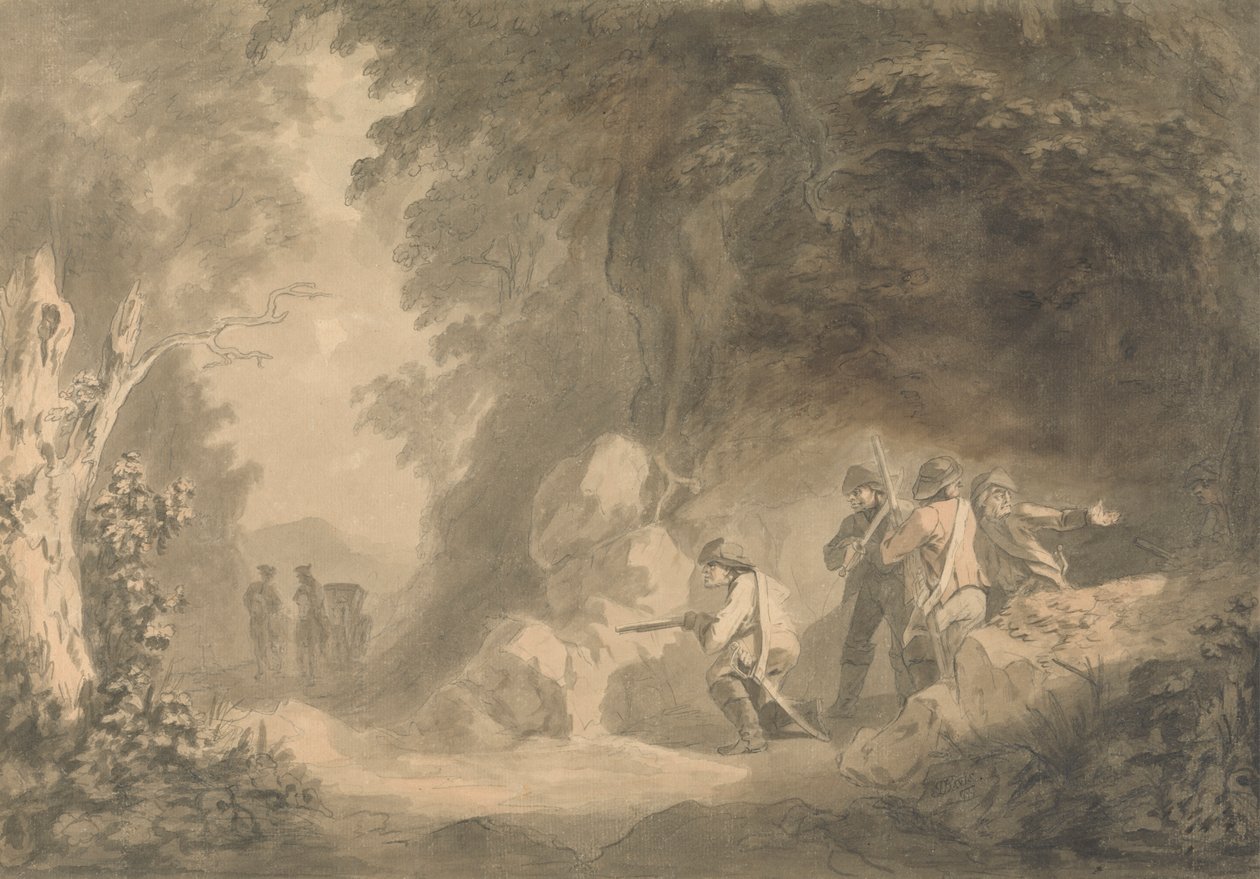 Kontinental scene - Brigands i bakhold venter på en trener av Samuel Davis
