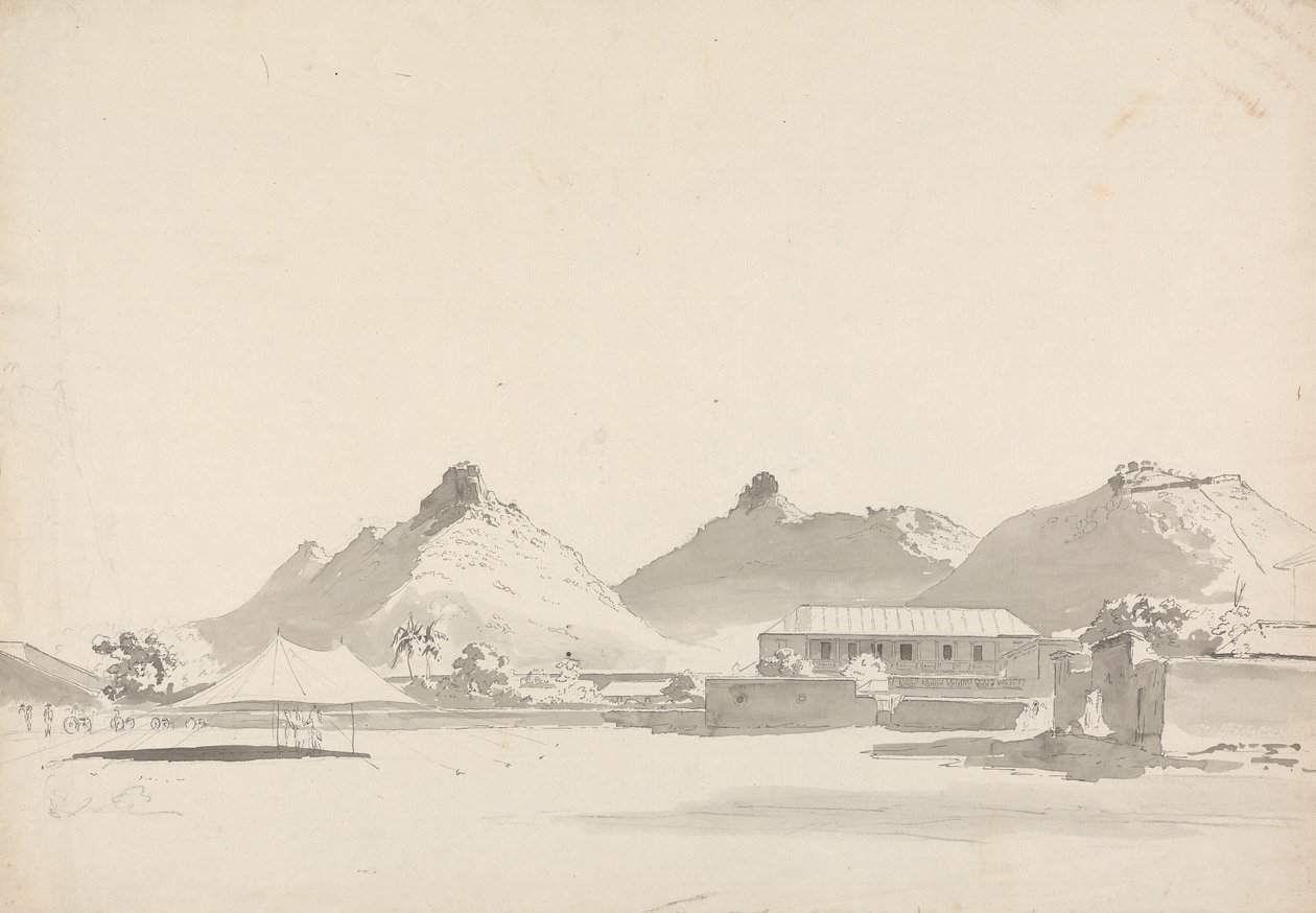 Militær leir med forter på åsene bak av Samuel Davis