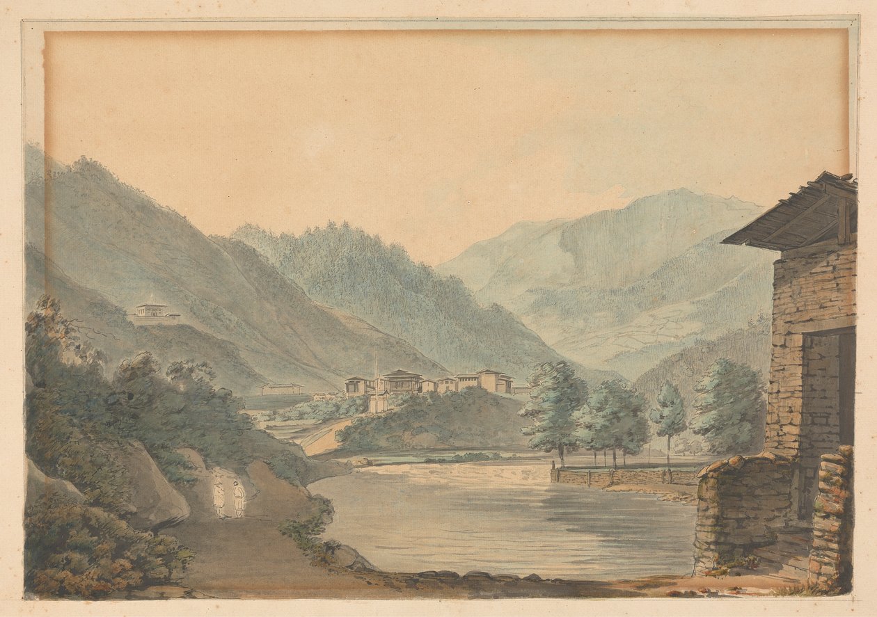 Fjellscene med bygninger og elv av Samuel Davis