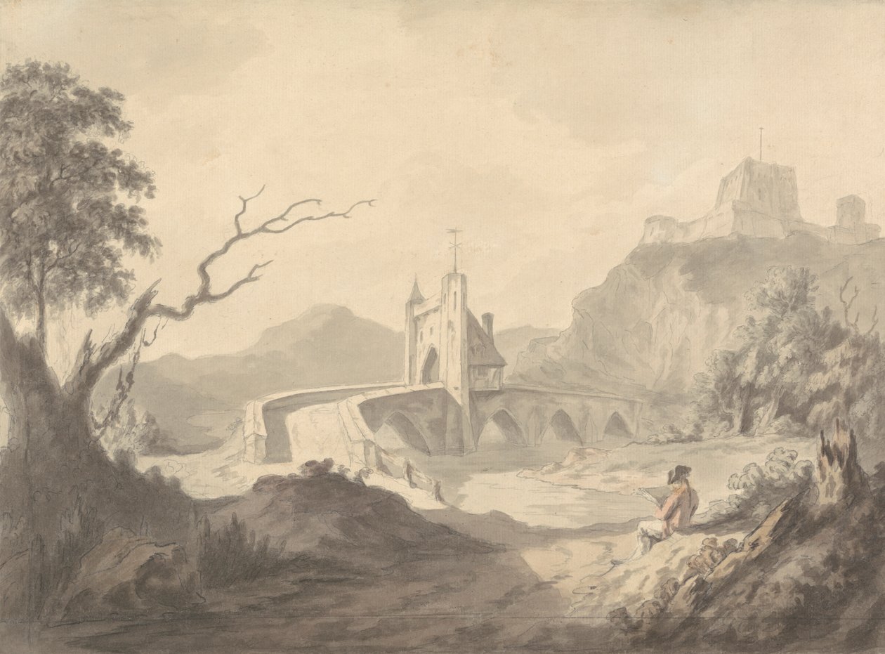Elvescene og bro med kunstnerskisser i forgrunnen av Samuel Davis