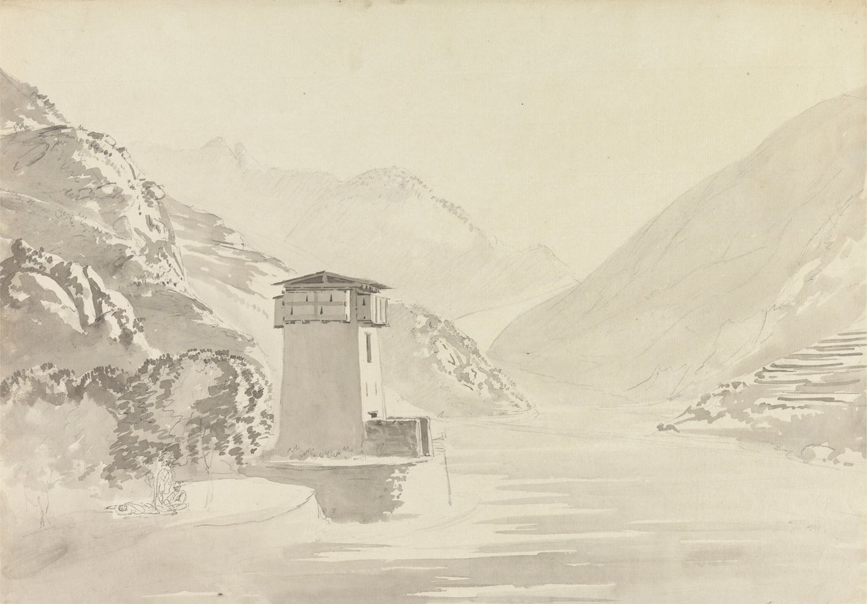 Utsikt fra broen ved Wandepore [Wangdu Phodrang] av Samuel Davis