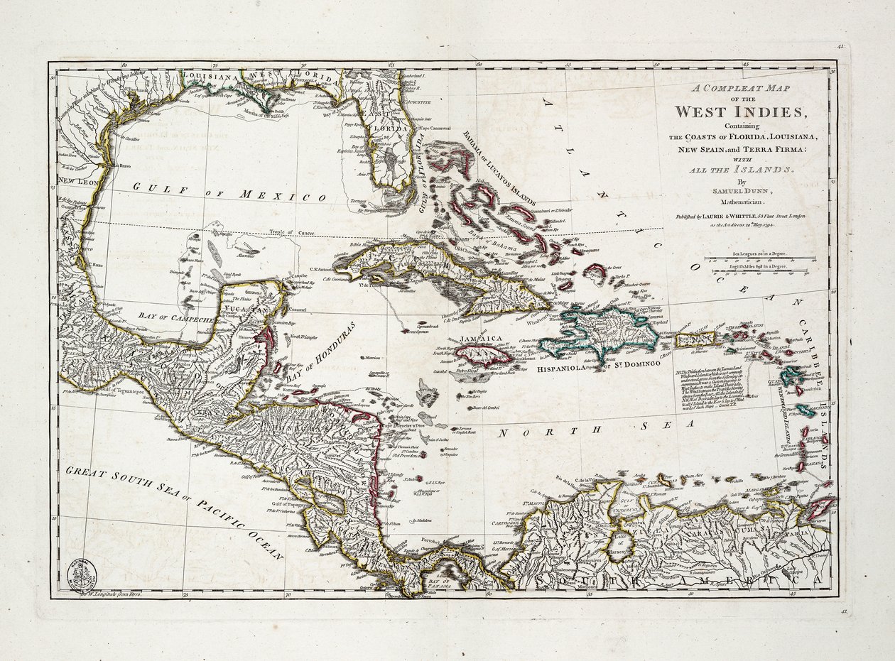 Et komplett kart over Vestindia som inneholder kystene til Florida, Louisiana, New Spain og Terra Firma med alle øyene av Samuel Dunn